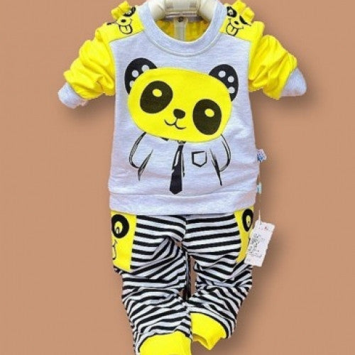 Kids Set Suit Baby Panda Cartoon Casual Long-sleeved Striped